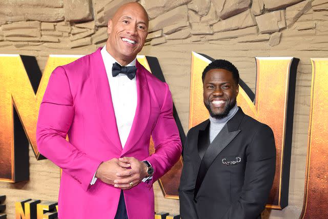 Karwai Tang/WireImage Dwayne Johnson and Kevin Hart attend the "Jumanji: The Next Level" UK film premiere.