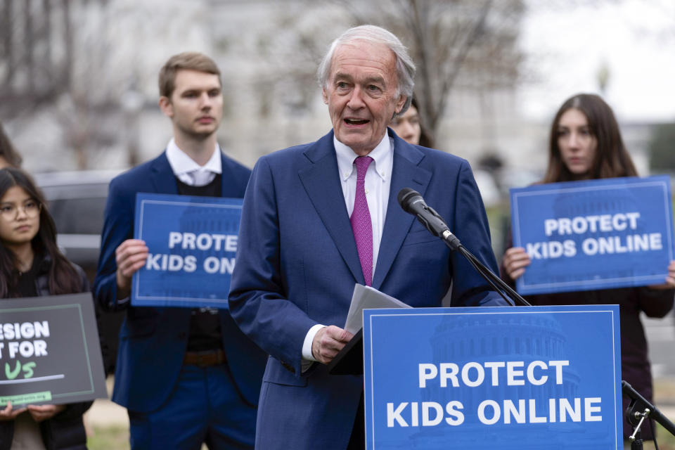 Sen. Ed Markey D-Mass., speaks during a rally to protect kids online on Capitol Hill in Washington, Wednesday, Jan. 31, 2024. (AP Photo/Jose Luis Magana)