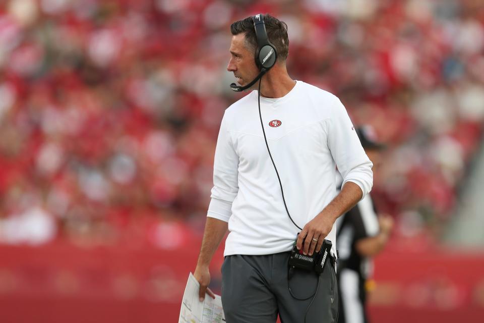 Coach Kyle Shanahan's 49ers have won six straight games against the Los Angeles Rams. The two teams meet Sunday in the NFC Championship. (AP Photo/Jed Jacobsohn)