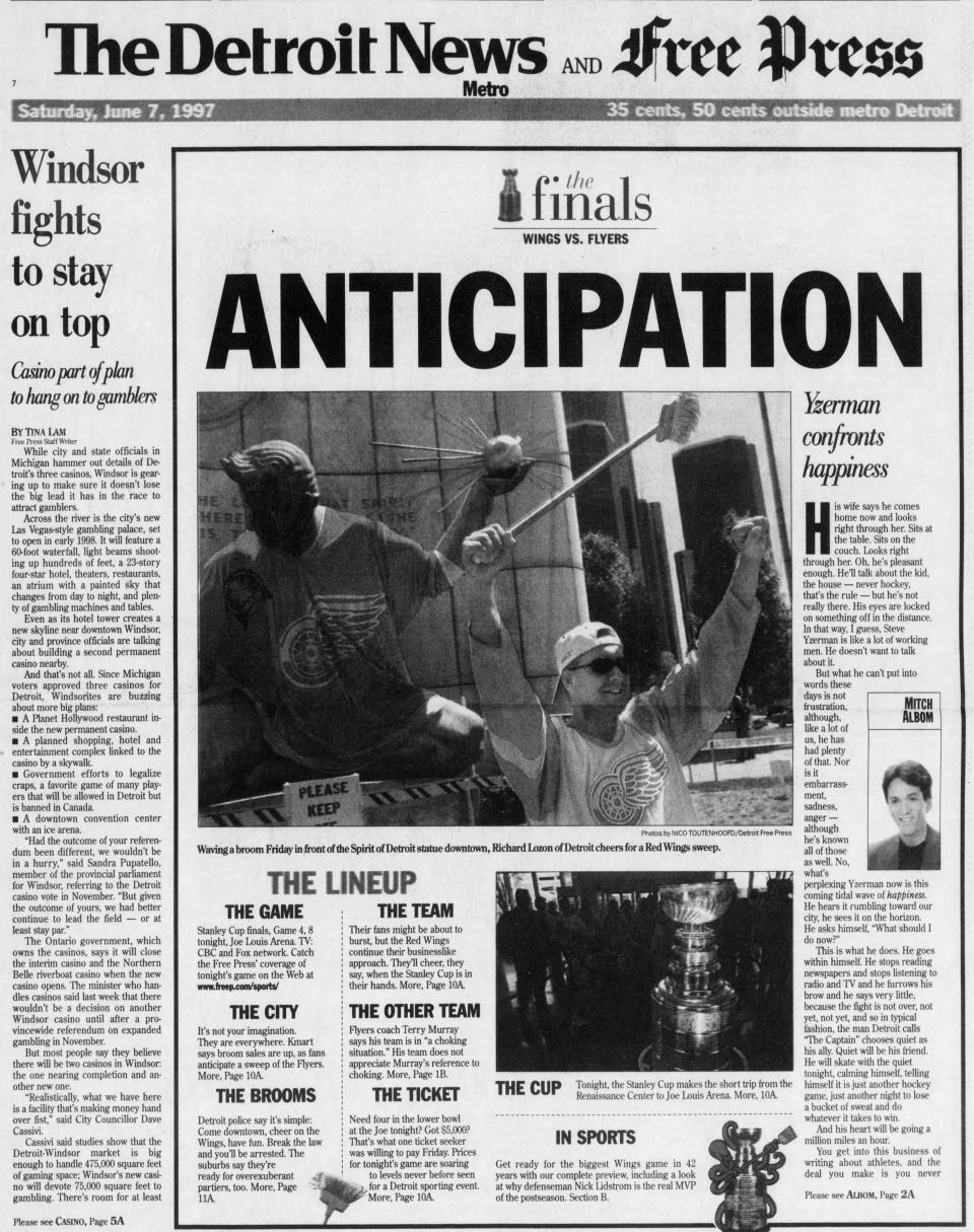 Top half of the newspaper front June 7, 1997, leading into the night of Game 4 of the Stanley Cup Finals between the Red Wings and Flyers.
June 7, 1997.