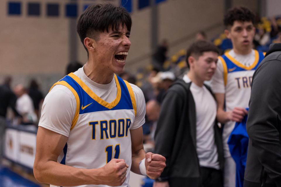 Eastwood's Andrew Reyes (11)  celebrate their 33-17 win against Franklin High School Friday, Feb. 3, 2023, at Eastwood High School in El Paso, TX.