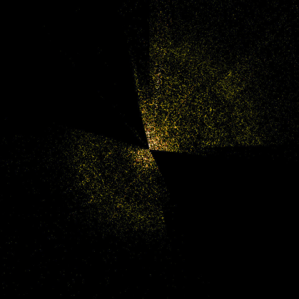 A slice through the 3-D map of galaxies from the completed Sloan Digital Sky Survey and from the first few months of the Dark Energy Spectroscopic Instrument