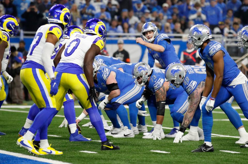 Detroit Lions quarterback Jared Goff calls out a play in the first half against the L.A. Rams at Ford Field in Detroit on Sunday, Jan. 14, 2024.