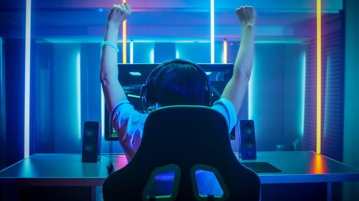 Back view of a person sitting in front of a computer screen with hands raised as in celebrating a victory.