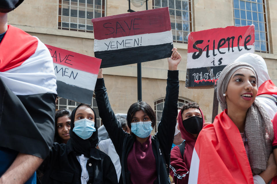 Demonstrators gather outside BBC Broadcasting House  for a march through central London in a protest against the ongoing conflict in Yemen, via the embassies of countries involved in the conflict - Saudi Arabia, United Arab Emirates and Iran on 12 July, 2020 in London, England. The UK is set to resume arms sales to Saudi Arabia, which were suspended last year after a legal challenge brought by campaigners, despite concerns they could be used against civilians in Yemen and therefore in violation of international humanitarian law. (Photo by WIktor Szymanowicz/NurPhoto via Getty Images)