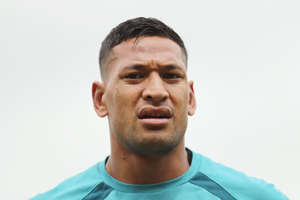 SYDNEY, AUSTRALIA - OCTOBER 26:  Israel Folau looks on during the Australian Wallabies training session at Leichhardt Oval on October 26, 2017 in Sydney, Australia.  (Photo by Mark Metcalfe/Getty Images)