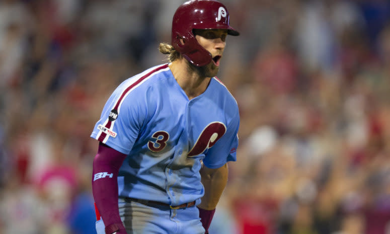 Bryce Harper reacts to hitting a walk-off grand slam.