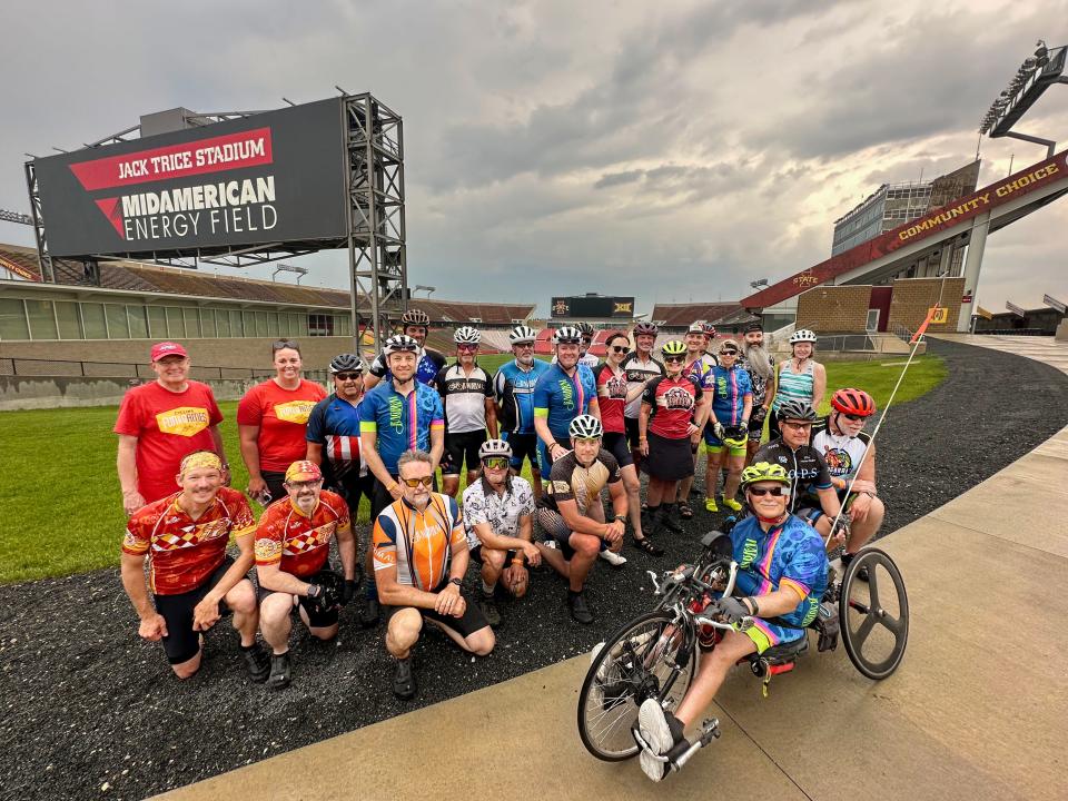 Members of the RAGBRAI route inspection team take a photo at Jack Trice Stadium in Ames, Tuesday, June 6, 2023. 