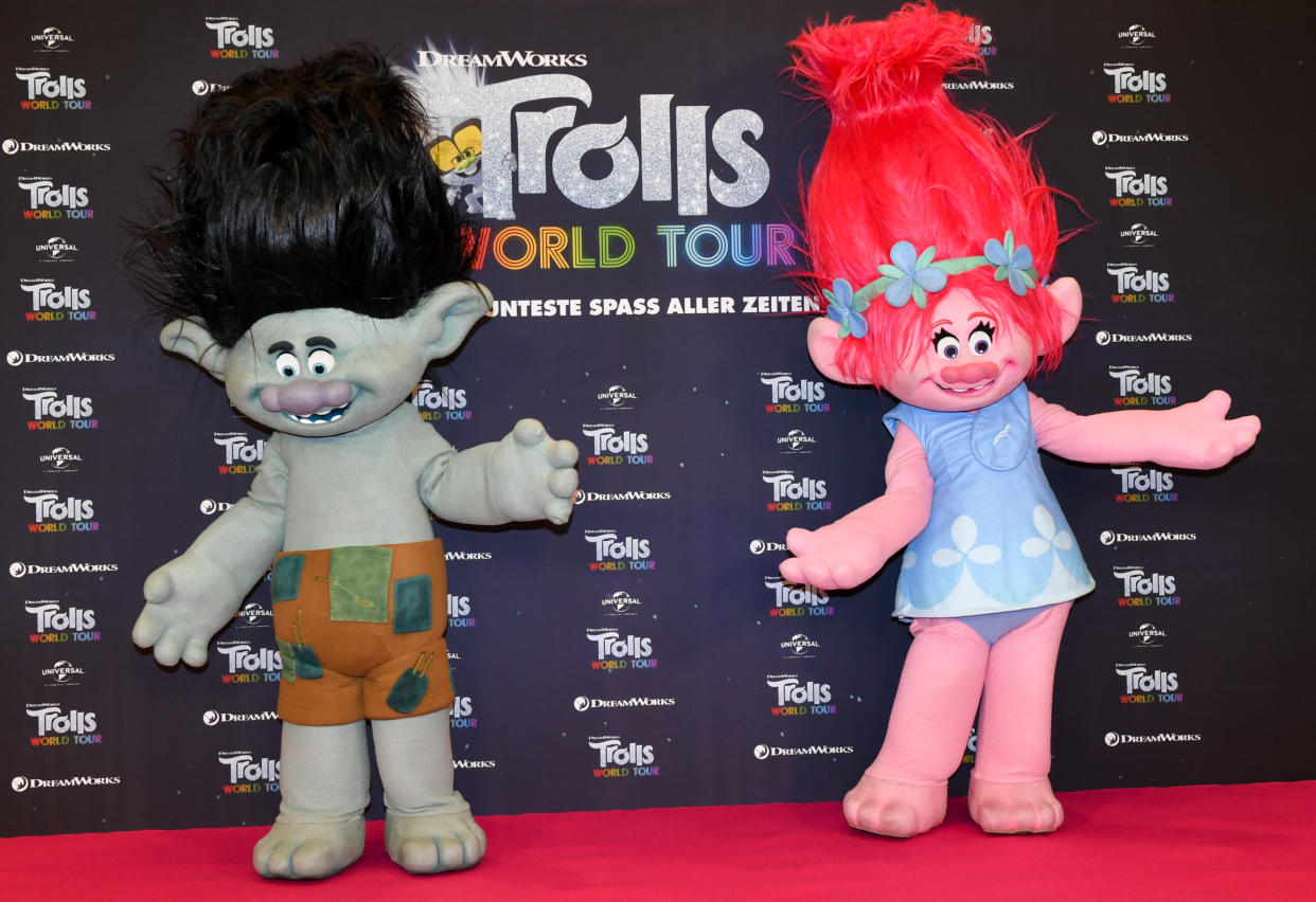 17 February 2020, Berlin: The Trolls figures Branch (l) and Poppy at the photo session for the movie "Trolls World Tour" at the Hotel Waldorf Astoria. Photo: Jens Kalaene/dpa-Zentralbild/dpa (Photo by Jens Kalaene/picture alliance via Getty Images)