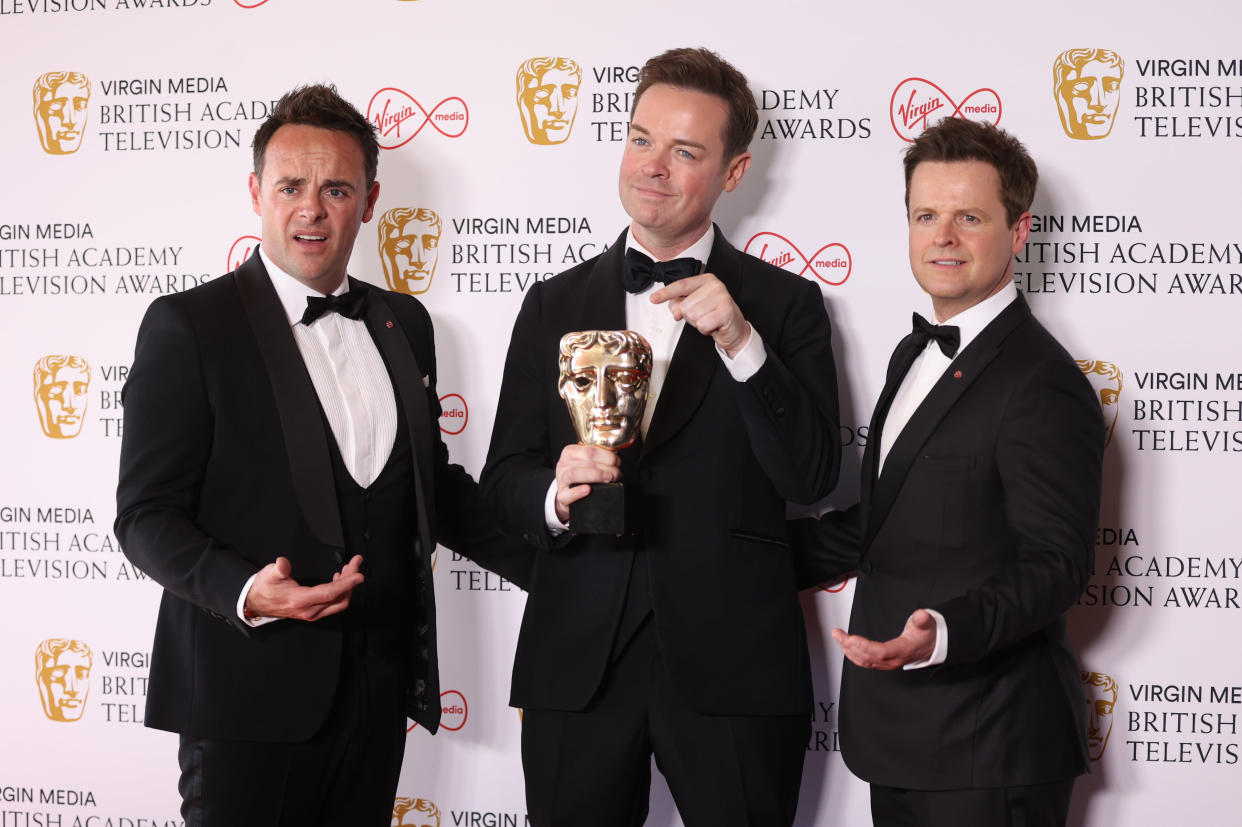 LONDON, ENGLAND - MAY 08:  (L-R)  Winners of the Entertainment Programme award for Ant & Dec's Saturday Night Takeaway, Anthony McPartlin, Stephen Mulhern and Declan Donnelly  poses in the winners room at the Virgin Media British Academy Television Awards at The Royal Festival Hall on May 08, 2022 in London, England. (Photo by Mike Marsland/WireImage)