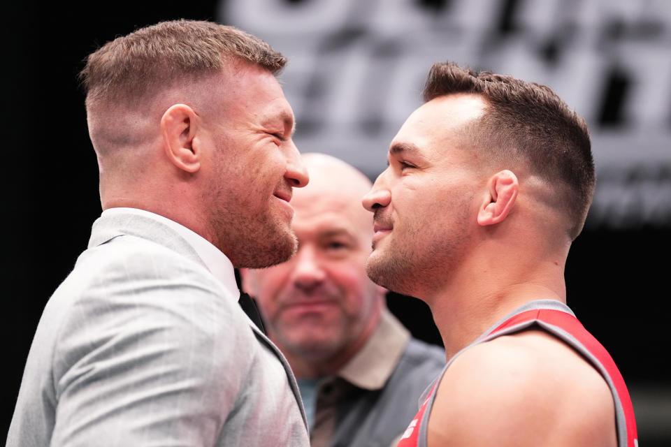 LAS VEGAS, NEVADA - MARCH 13:   (L-R) Conor McGregor and Michael Chandler face off during the filming of The Ultimate Fighter at UFC APEX on March 13, 2023 in Las Vegas, Nevada. (Photo by Chris Unger/Zuffa LLC via Getty Images)