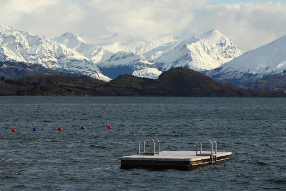 A diving platform floats on Lake Wanaka, New Zealand.