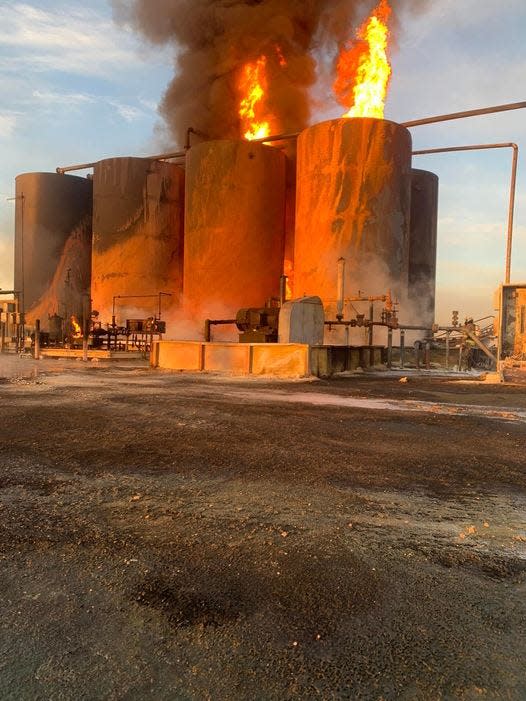 Eddy County Fire and Rescue crews responded to a tank battery east of Carlsbad on March 3, 2023.