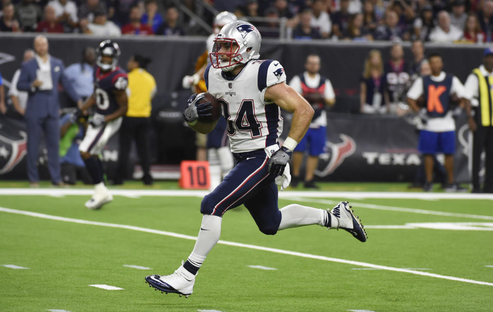 New England’s backfield hierarchy is a mystery at the moment, but Rex Burkhead is a near-lock to play plenty of snaps. He needs to be owned in fantasy leagues of standard size. (AP Photo/Eric Christian Smith)