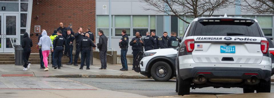 Police responded late Tuesday morning to Framingham High School after a call came in announcing a threat, March 28, 2023.