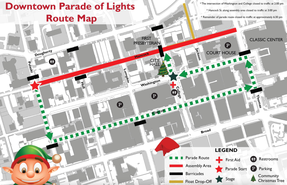 2023 Parade of Lights route in downtown Athens, Ga.