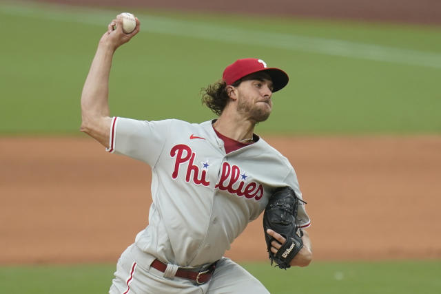 Philadelphia Phillies' Aaron Nola, right bats as his brother, San Diego  Padres catcher Austin Nola, waits for the pitch during the second inning of  a baseball game Saturday, Aug. 21, 2021, in