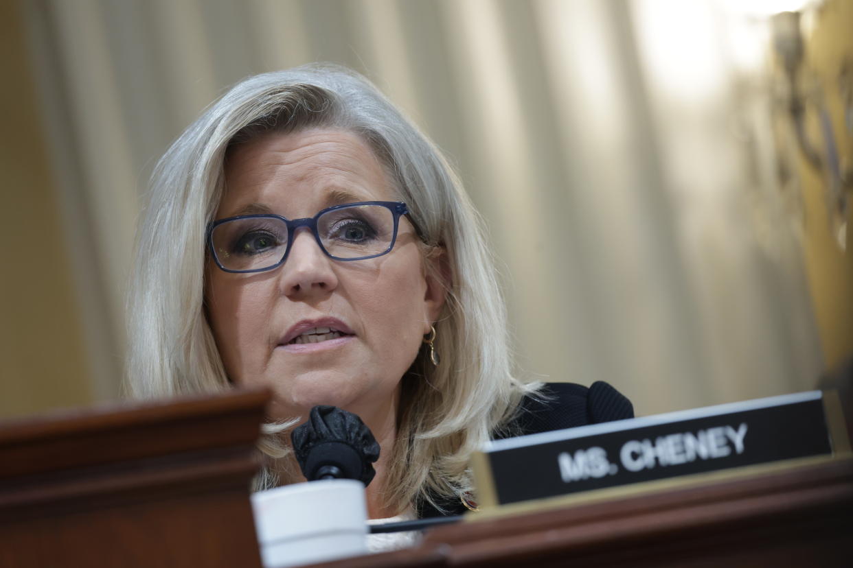 Rep. Liz Cheney at her seat at the hearing.