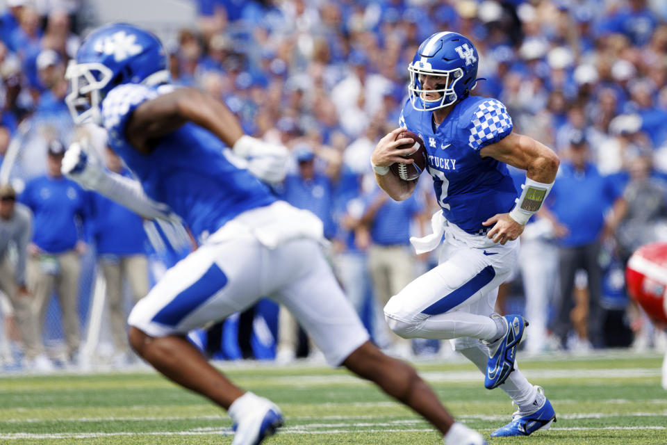 Kentucky quarterback Will Levis (7) runs the ball up the field during the first half of an NCAA college football game against Youngstown State in Lexington, Ky., Saturday, Sept. 17, 2022. (AP Photo/Michael Clubb)