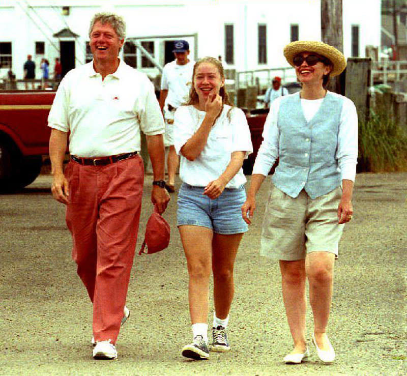 Hillary Clinton in a light blue vest and Bermuda shorts on August 24, 1993