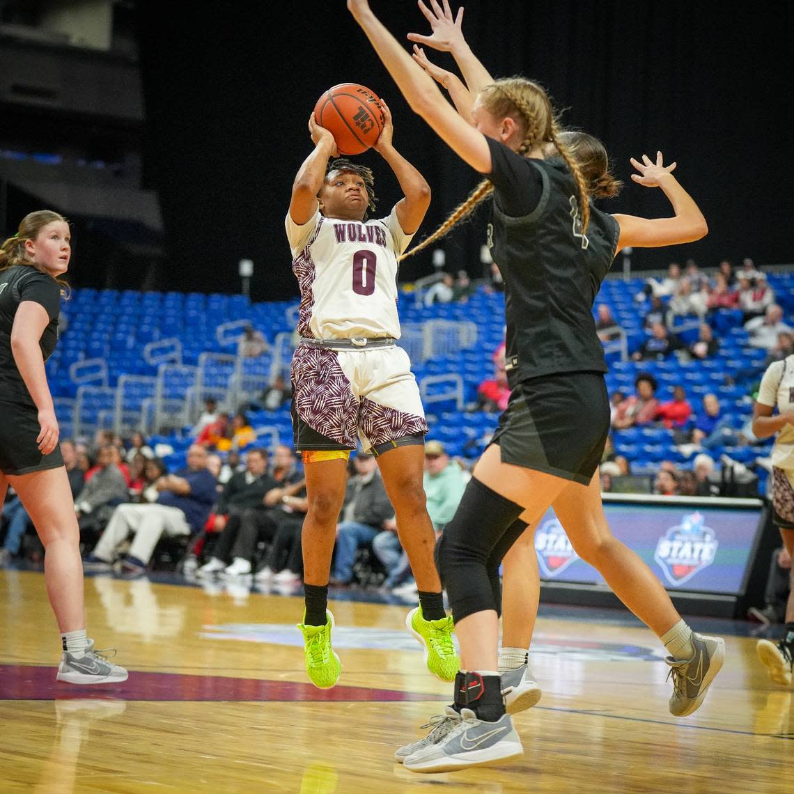 Mansfield Timberview’s Tamaiya Mims (0) goes up for two of her 11 points against Cedar Park in a Class 5A state semifinal on Thursday, February 29, 2024 at the Alamodome in San Antonio, Texas. Timberview defeated Cedar Park 67-45. Whitney Magness/University Interscholastic League