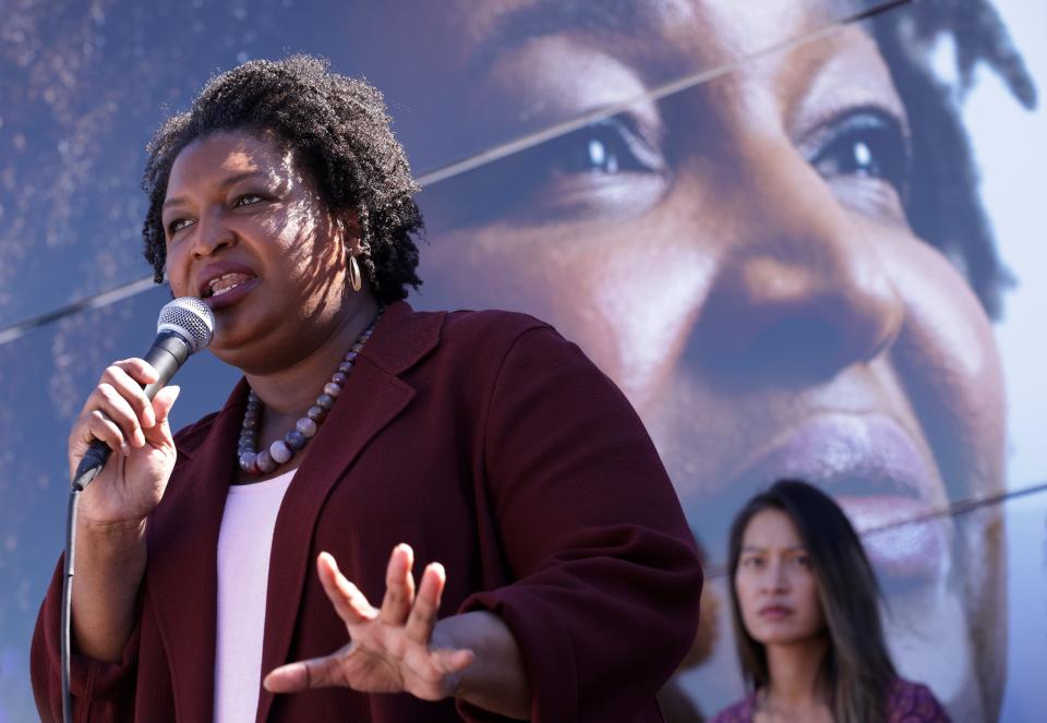 Democratic Georgia gubernatorial candidate Stacey Abrams speaks to voters during a stop of her statewide campaign bus tour on November 4, 2022 in Statesboro, Georgia. Abrams continued to campaign to unseat her Republican rival Gov. Brian Kemp (R-GA) in the upcoming midterm election.
