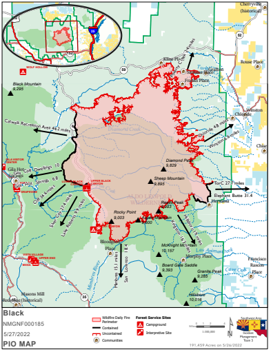 A map showing the area of the Black Fire and its distance to nearby communities Friday, May 27, 2022.