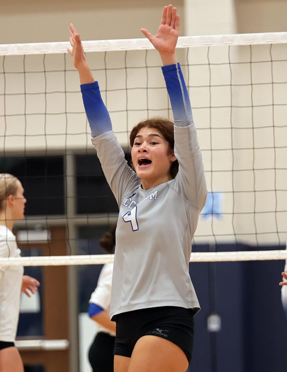 Lexi Rosenblatt celebrates McCallum's first set victory over Ann Richards Oct. 24, 2023, at Ann Richards School. McCallum took the final district win over the host Stars, 3-1.