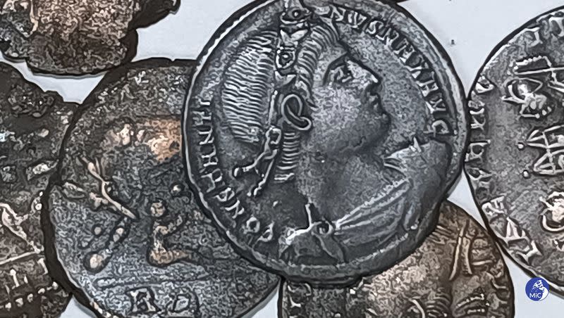 A picture made available by the Italian Culture Minister shows some recently discovered ancient bronze coins. A diver spotted something metallic not far from the Sardinian coast that has led to the discovery of tens of thousands of ancient bronze coins. Italy’s culture ministry said on Saturday, Nov. 4, 2023, that the diver alerted authorities, who sent divers assigned to an art protection squad along with others from the ministry’s undersea archaeology department. Found in sea grass, not far from the northeast shore of the Mediterranean island were the coins dating from the first half of the fourth century.