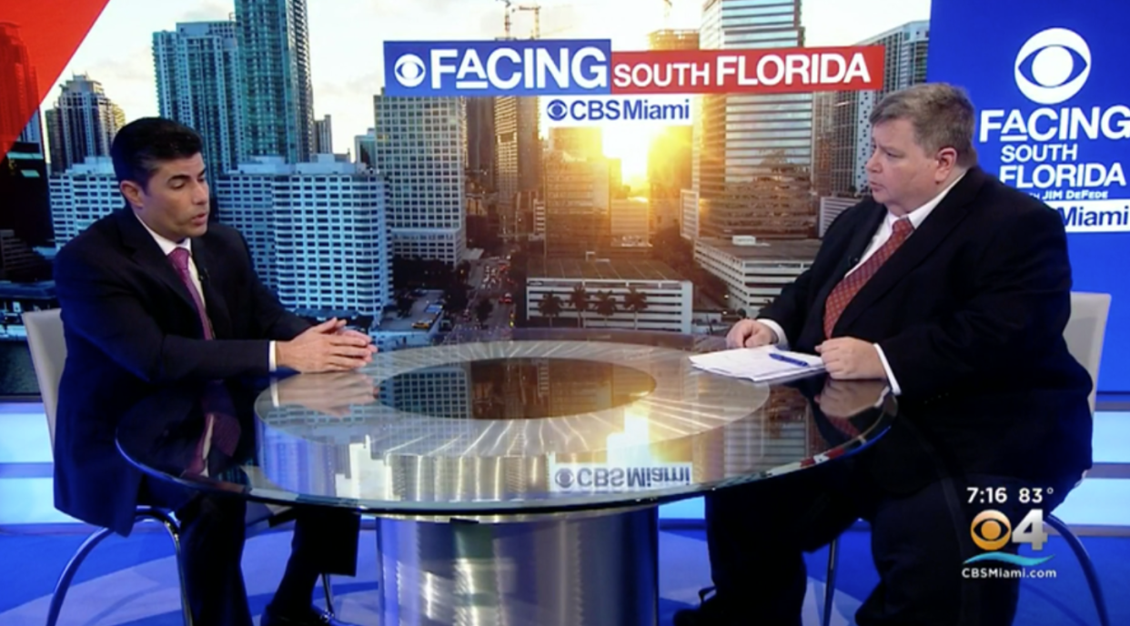 Florida House Speaker Jose Oliva, left, talks with CBS Miami’s Jim DeFede about abortion and repeatedly refers to pregnant women as “host bodies.” (Photo: CBS Miami)