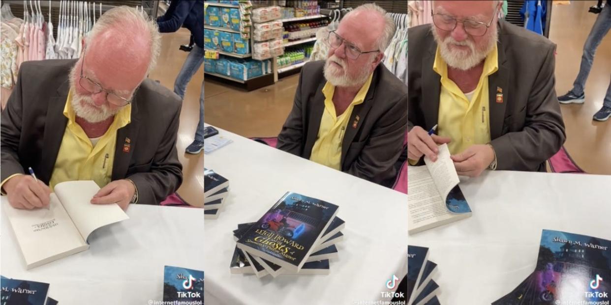 TikTok screenshots of Shawn Warner doing a book signing for his book 