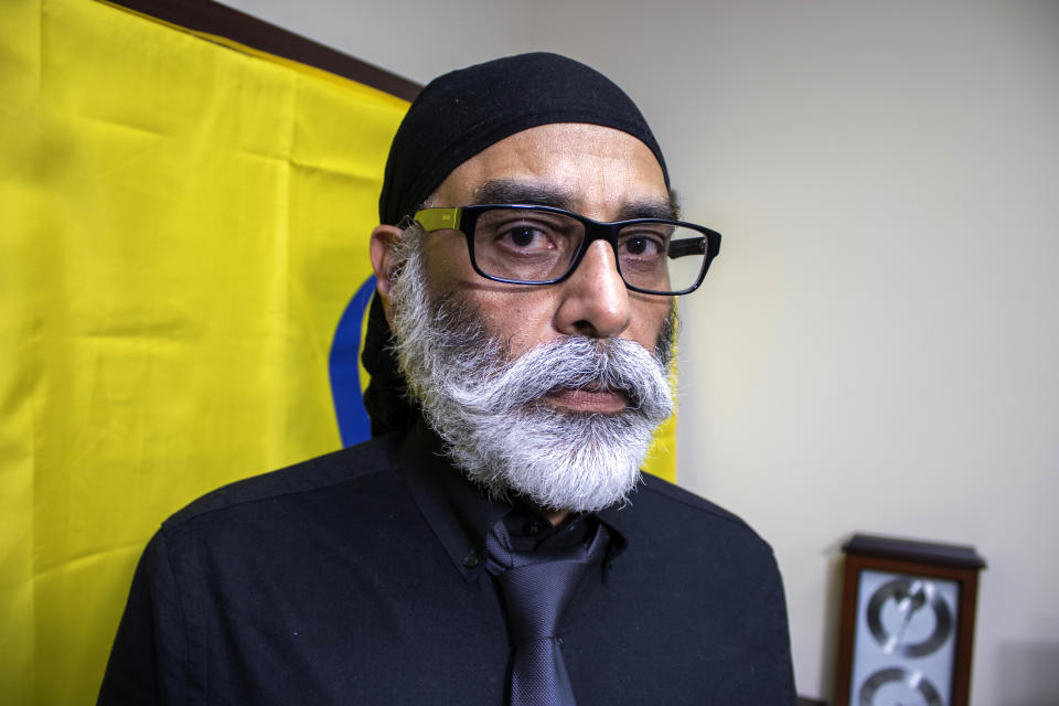 Sikh separatist leader Gurpatwant Singh Pannun is pictured in his office on Wednesday, Nov. 29, 2023, in New York. U.S. authorities said an Indian government official directed a plot to assassinate Pannun in New York City after he advocated for a sovereign state for Sikhs. (AP Photo/Ted Shaffrey)