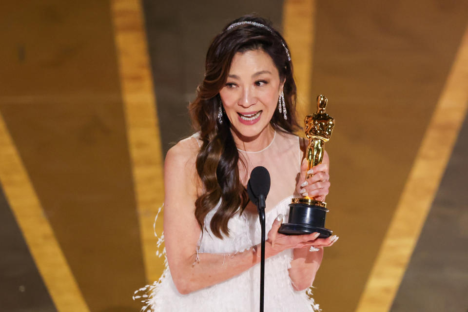 HOLLYWOOD, CA - MARCH 12: Michelle Yeoh accepts the award for Actress in a Leading Role at the 95th Academy Awards in the Dolby Theatre on March 12, 2023 in Hollywood, California. (Myung J. Chun / Los Angeles Times via Getty Images)