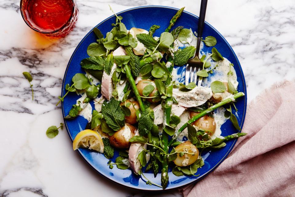 To quickly revive dry, cold rotisserie chicken, place slices of it in a steamer basket along with spring vegetables for a seasonal warm salad—it's a whole new take on a one-pot dinner. <a rel="nofollow noopener" href="https://www.epicurious.com/recipes/food/views/warm-chicken-salad-with-asparagus-and-creamy-dill-dressing?mbid=synd_yahoo_rss" target="_blank" data-ylk="slk:See recipe.;elm:context_link;itc:0;sec:content-canvas" class="link ">See recipe.</a>