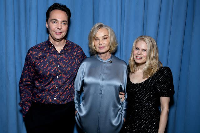 <p>Jenny Anderson/Getty Images</p> 'Mother Play' stars Jim Parsons, Jessica Lange, and Celia Keenan-Bolger attend the 2024 Tony Awards Meet the Nominees junket on May 2, 2024 in New York City
