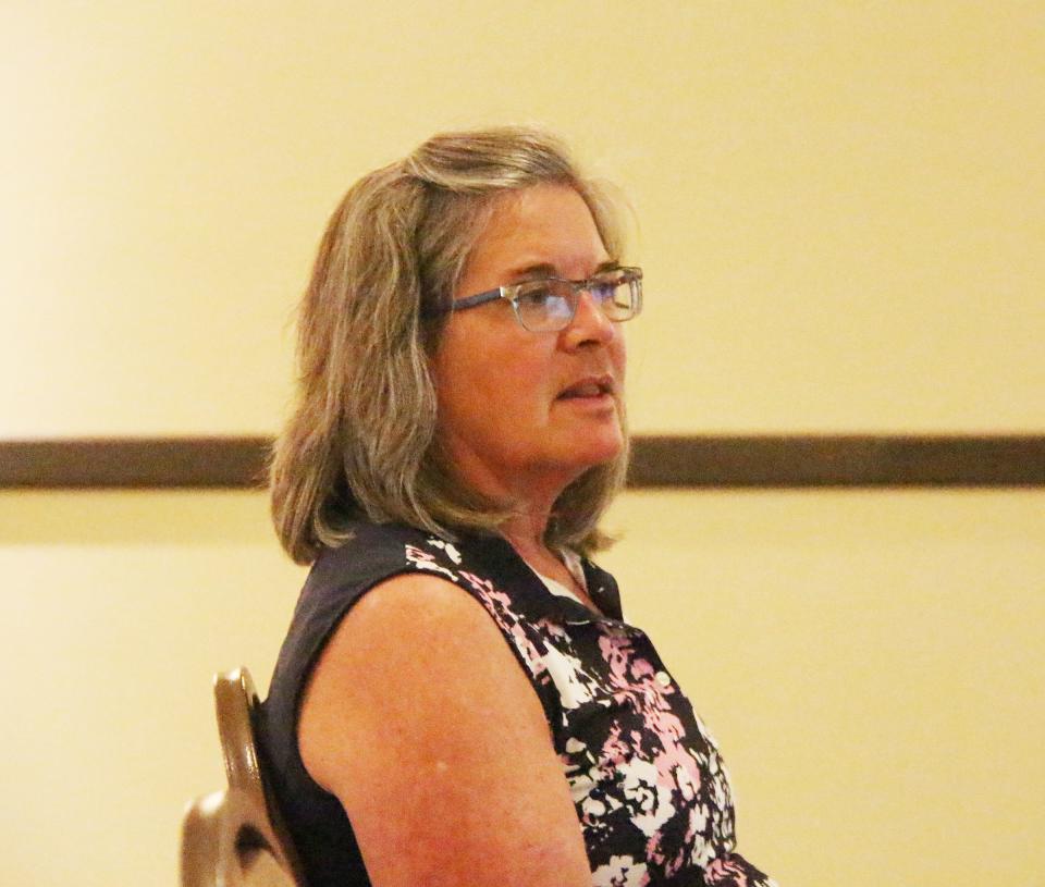 Alderperson Kelly Eckhoff makes a point during a town hall for the 1 percent sales tax referendum Thursday at The Eagle Theater. The measure will be on the June 28 Primary Election ballot.