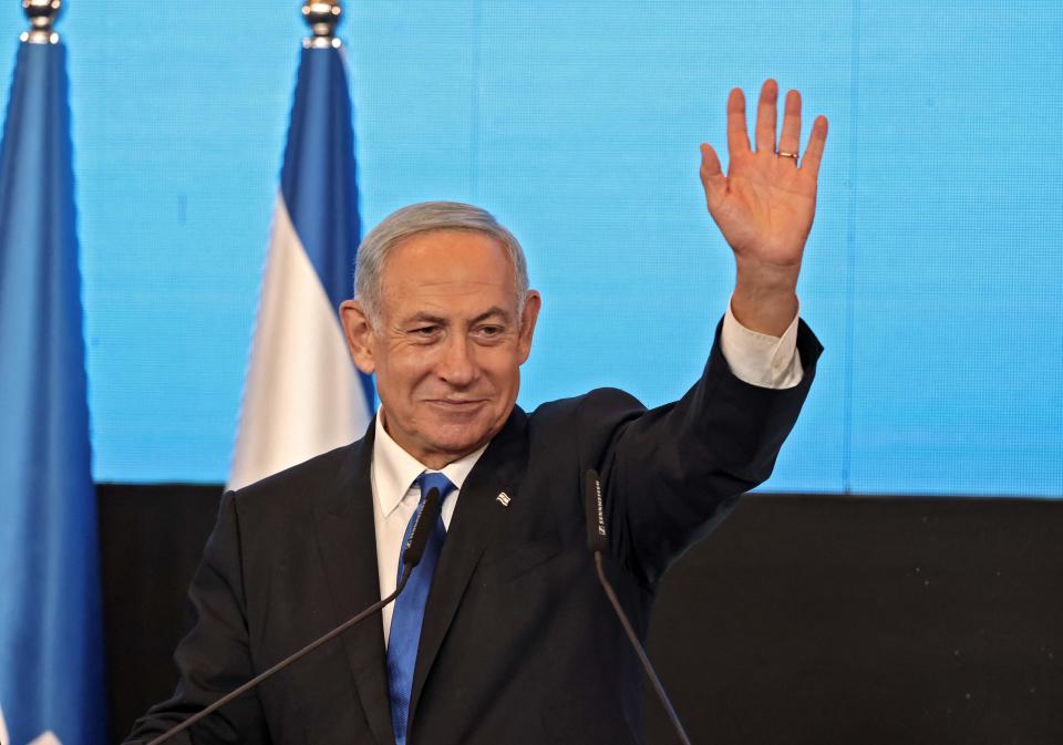 Israel's ex-premier and leader of the Likud party Benjamin Netanyahu addresses supporters at campaign headquarters in Jerusalem early on November 2, 2022, after the end of voting for national elections.