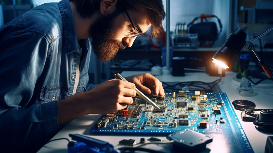 An experienced electronic technician soldering a PCB circuit board.