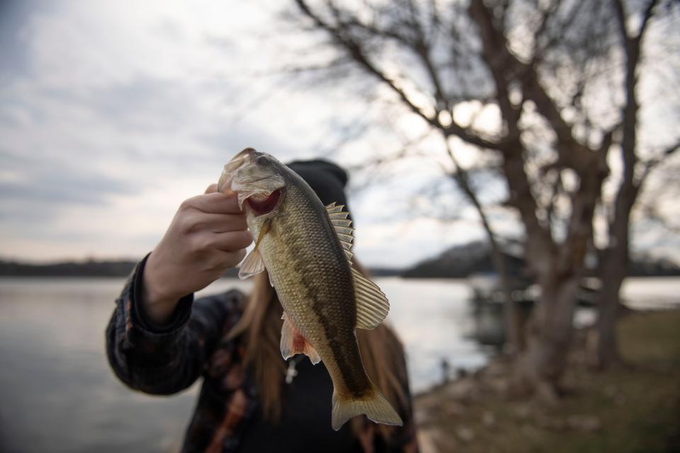 Kasey Tyndall holds up a fish she caught at Old Hickory Pier in Old Hickory , Tenn., Friday, Feb. 10, 2023.