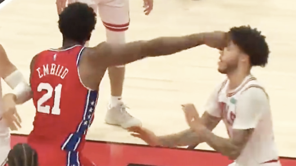 Philadelphia 76ers star Joel Embiid almost hit Bulls guard Lonzo Ball by accident.