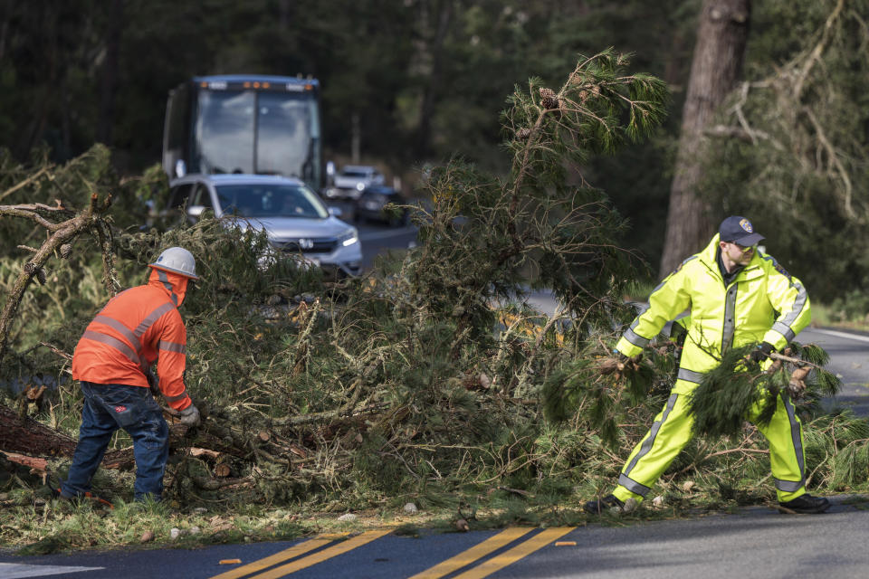 Crews clear downed trees on Highway 68 Sunday, Feb. 4, 2024, in Monterey, Calif. California braced Sunday for the worst of a potentially dangerous storm that threatened to hammer parts of the state with hurricane-force winds and cause flooding and mudslides as it moves down the coast over the next few days. (AP Photo/Nic Coury)