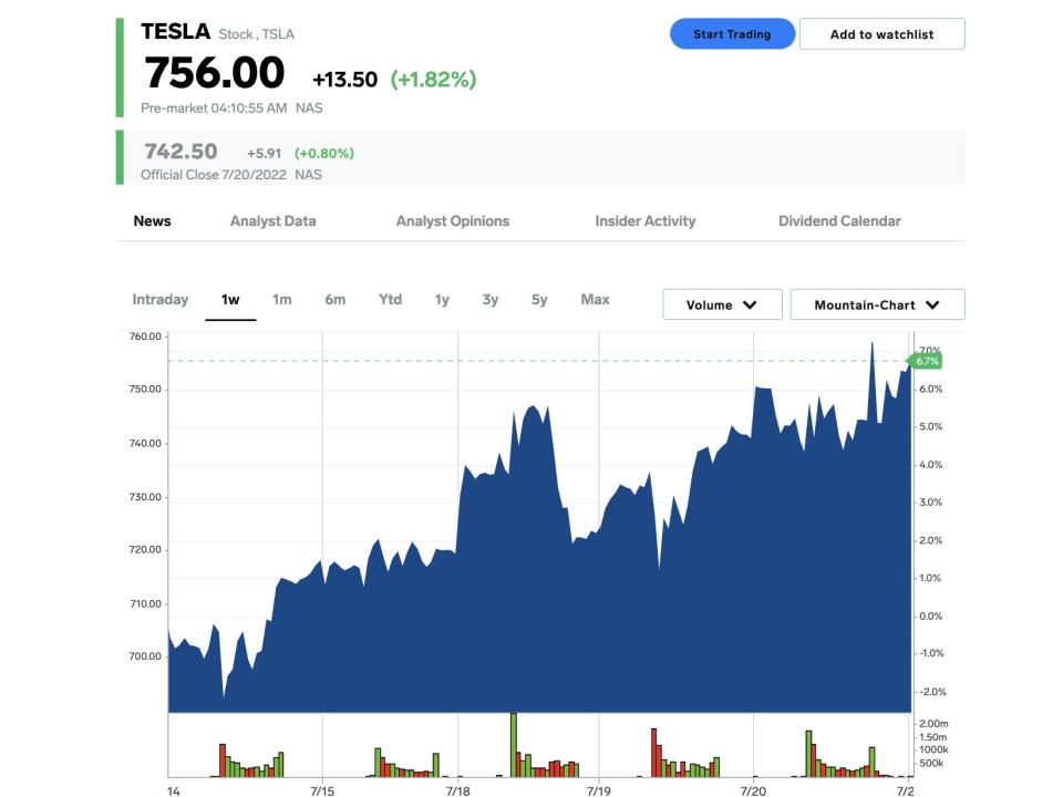 Tesla stock July 21, 2022.