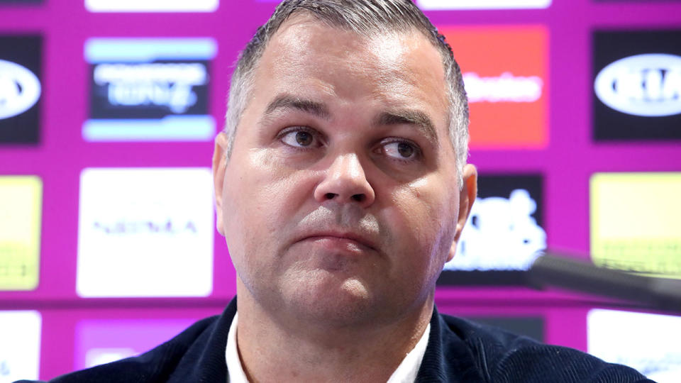 Anthony Seibold, pictured here speaking to the media after stepping down as Brisbane Broncos coach.