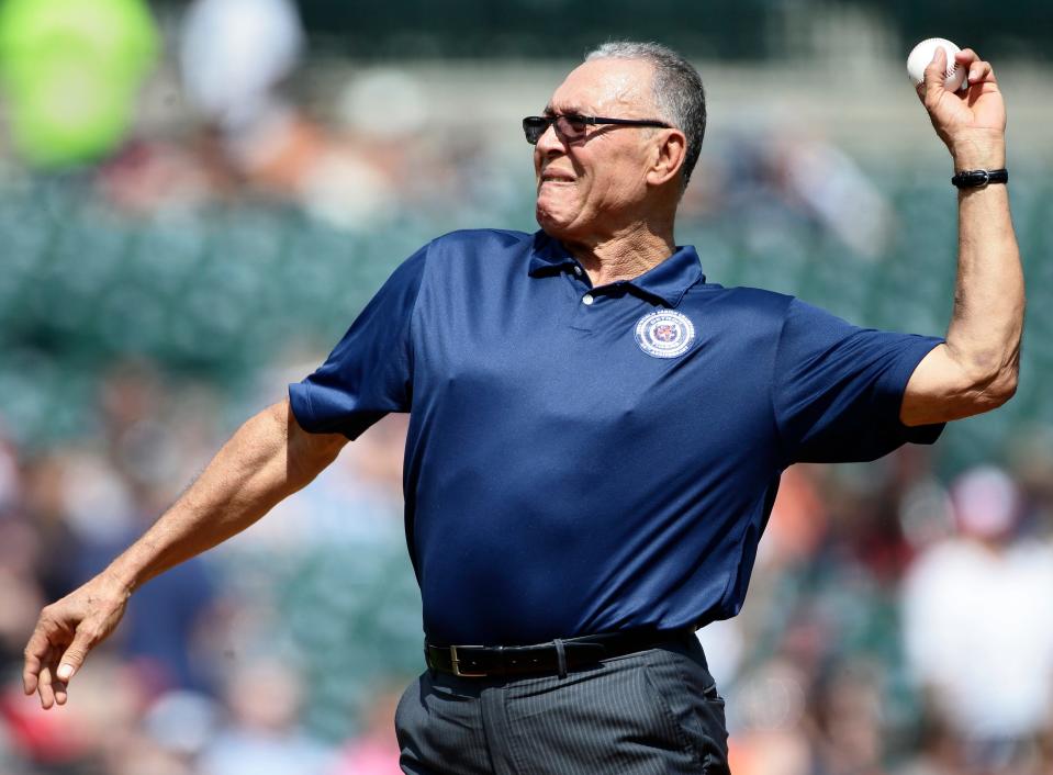 Willie Hernandez, a member of the 1984 World Series championship team, throws out a ceremonial first pitch before the Detroit Tigers game against the Washington Nationals, Saturday, June 29, 2019, in Detroit.