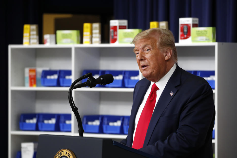 FILE - In this July 24, 2020, file photo President Donald Trump speaks during an event to sign executive orders on lowering drug prices, in the South Court Auditorium in the White House complex in Washington. Trump, like many fellow Republicans, holds out tax reductions and regulatory cuts as economic cure-alls and frames himself as a conservative champion in seemingly endless culture wars. (AP Photo/Alex Brandon, File)