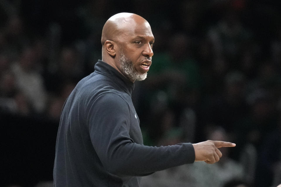 Portland Trail Blazers head coach Chauncey Billups calls to his players during the first half of an NBA basketball game against the Boston Celtics, Sunday, April 7, 2024, in Boston. (AP Photo/Charles Krupa)