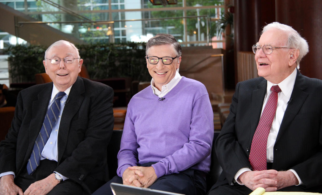Charlie Munger, vice chairman of Berkshire Hathaway, Bill Gates, and Warren Buffett, chairman and CEO of Berkshire Hathaway, in an interview on May 4, 2015. (Lacy O'Toole/CNBC/NBCU Photo Bank via Getty Images)