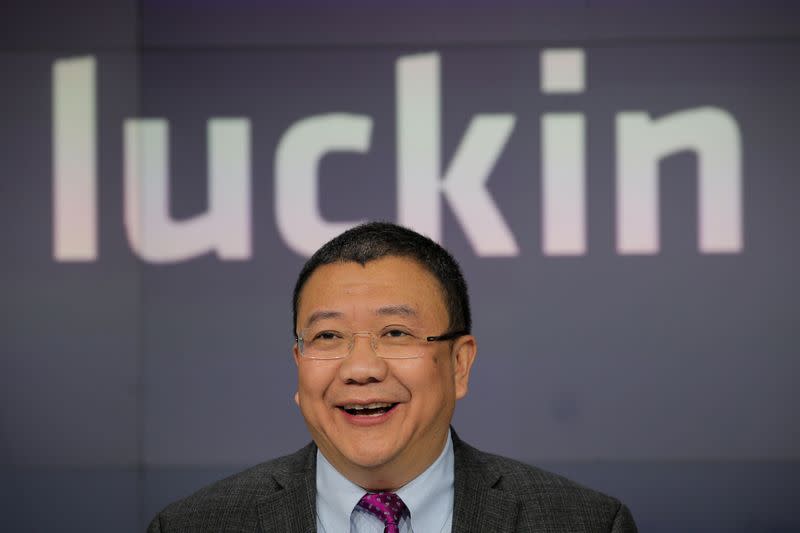 Charles Zhengyao Lu, non-executive chairman of Luckin Coffee, speaks during the company's IPO at the Nasdaq Market site in New York