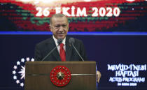 Turkey's President Recep Tayyip Erdogan delivers a speech in Ankara, Turkey, Monday, Oct. 26, 2020. Several EU officials harshly criticized Erdogan’s comments over the weekend and the EU Commission said on Monday that the Turkish leader should change his approach if he does not want to derail attempts at renewed dialogue with his country. (Turkish Presidency via AP, Pool)