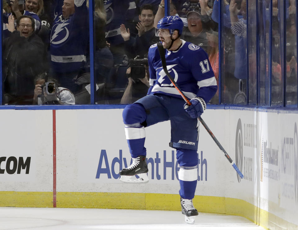 Tampa Bay Lightning left wing Alex Killorn (17) celebrates his goal against the Columbus Blue Jackets during the first period of Game 1 of an NHL Eastern Conference first-round hockey playoff series Wednesday, April 10, 2019, in Tampa, Fla. (AP Photo/Chris O'Meara)